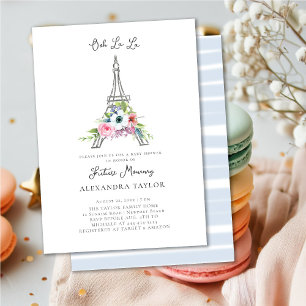 Glitter Eiffel Paris Floral Blue Boy Baby Shower Invitation