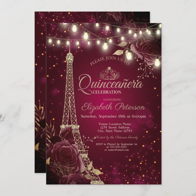Glitter Eiffel Tower,Burgundy Roses Quinceañera  Invitation (Front/Back)