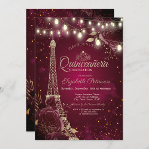 Glitter Eiffel Tower,Burgundy Roses Quinceañera Invitation