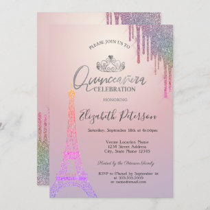 Glitter Eiffel Tower,Colourful Drips Quinceañera Invitation