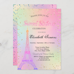 Glitter Eiffel Tower Diamonds Holographic Sweet 16 Invitation