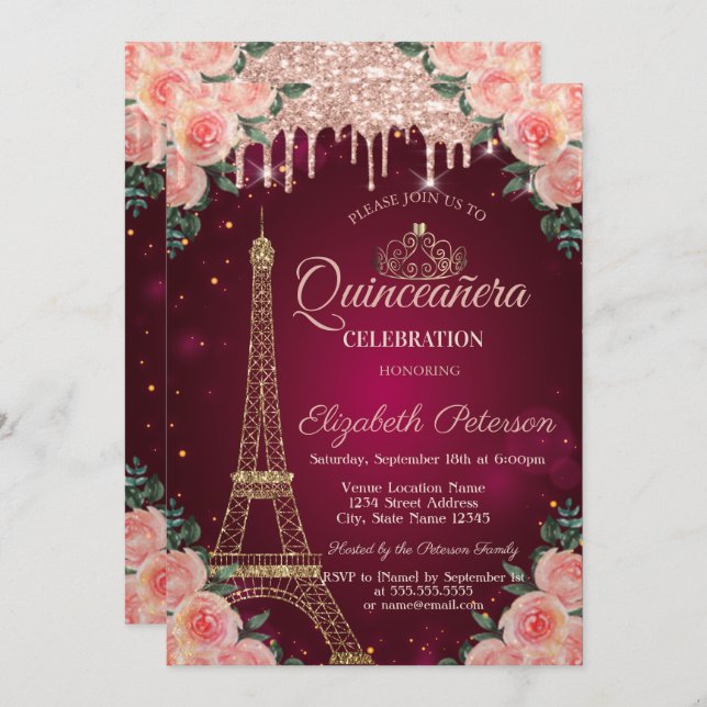 Glitter Eiffel Tower Drips Floral Quinceañera Invitation (Front/Back)