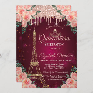 Glitter Eiffel Tower Drips Floral Quinceañera Invitation