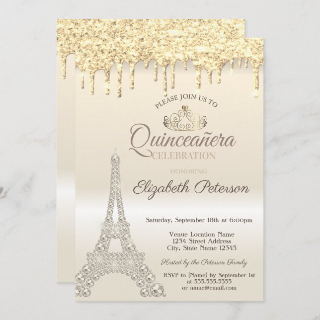 Glitter Eiffel Tower,Drips Gold Quinceañera  Invitation (Front/Back)