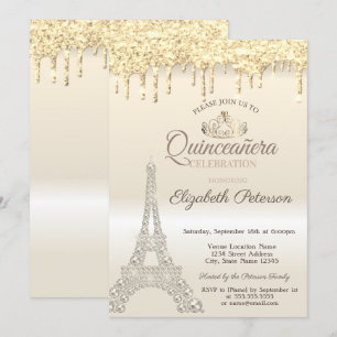 Glitter Eiffel Tower,Drips Gold Quinceañera Invitation
