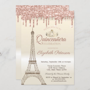 Glitter Eiffel Tower,Tiara,Drips Quinceañera Invitation