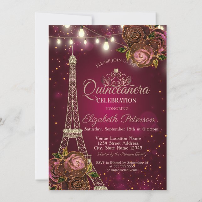 Glitter Eiffel Tower,Tiara Roses Red Quinceañera  Invitation (Front)