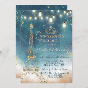 Glitter Eiffel Tower,Tiara Watercolor  Quinceañera Invitation