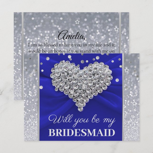 Glitter Elegant Blue Will You Be My Bridesmaid Postcard (Front/Back)