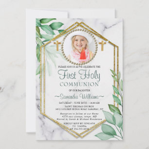 Glitter Elegant Eucalyptus Photo First Communion Invitation