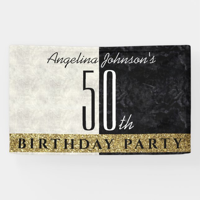 Glitter Elegant Gold Black and White 50th Birthday Banner (Horizontal)