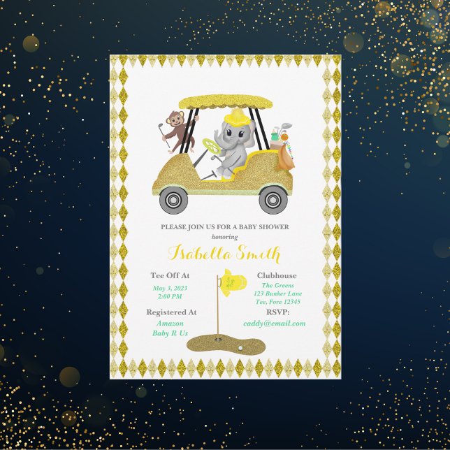 Glitter Elephant & Monkey Golf Baby Shower Invitation (Creator Uploaded)
