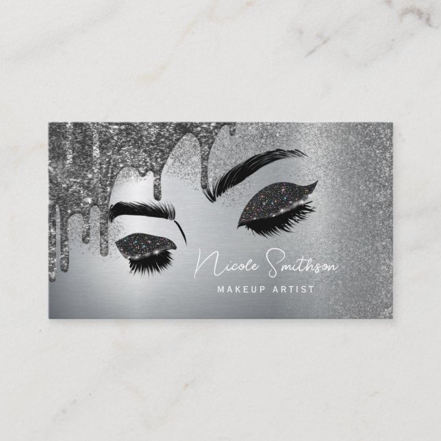 Glitter Eyes Brushed Metal Makeup Artist Silver Business Card (Front)