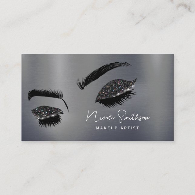 Glitter Eyes Brushed Metal Makeup Artist Silver Business Card (Front)