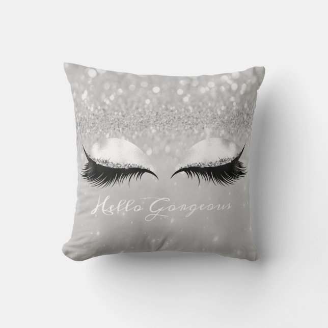 Glitter Eyes Makeup Lashes Silver Hello Gorgeous1 Cushion (Front)