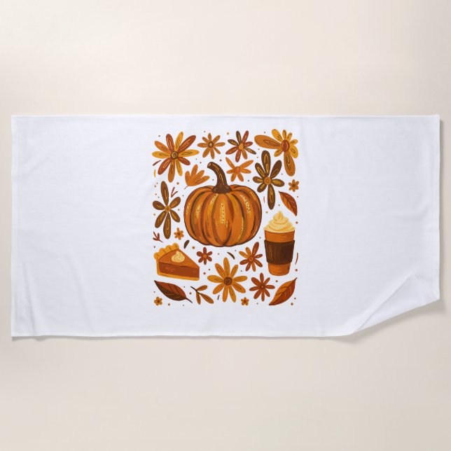 Glitter Fall Floral Pumpkin Thankgiving Beach Towel (Front)