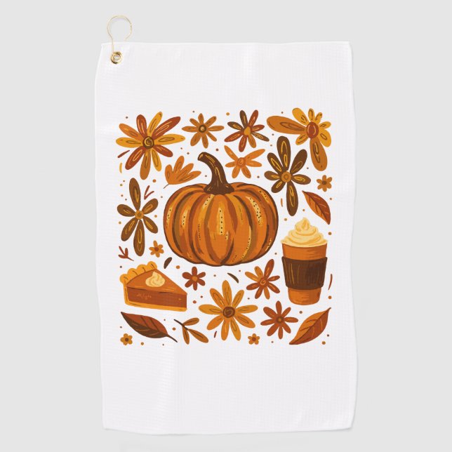 Glitter Fall Floral Pumpkin Thankgiving Golf Towel (Front)