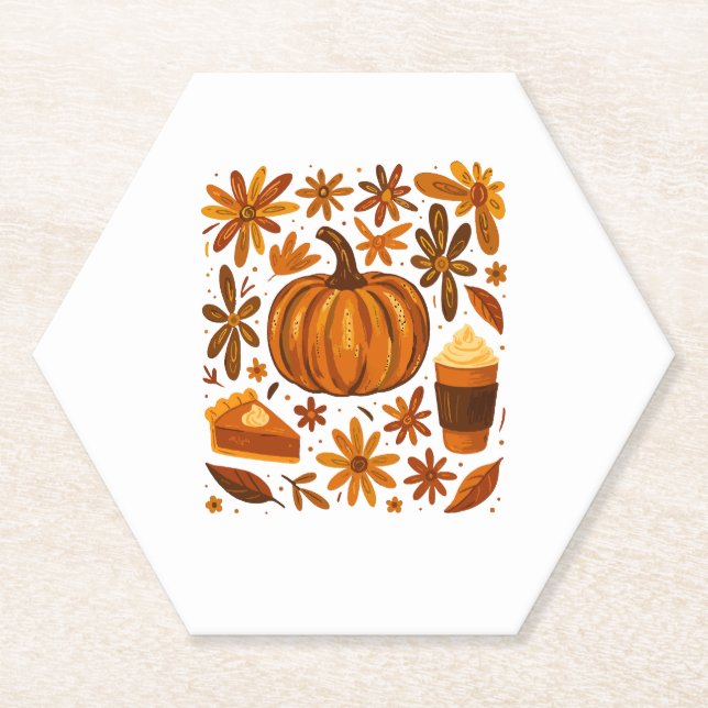 Glitter Fall Floral Pumpkin Thankgiving Paper Coaster (Front)