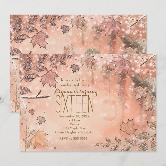 Glitter Fall Leaves Rose Gold Autumn Invitations (Front/Back)