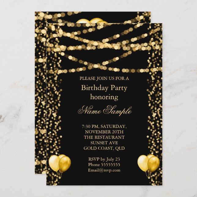 Glitter Faux Foil Gold Balloons Black Birthday Invitation (Front/Back)