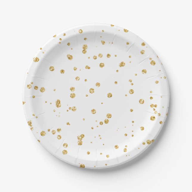 Glitter Faux Gold Confetti Wedding Reception Party Paper Plate (Front)