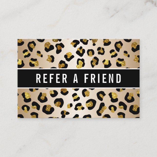 Glitter  faux gold luxe leopard Referral Customer Business Card (Front)