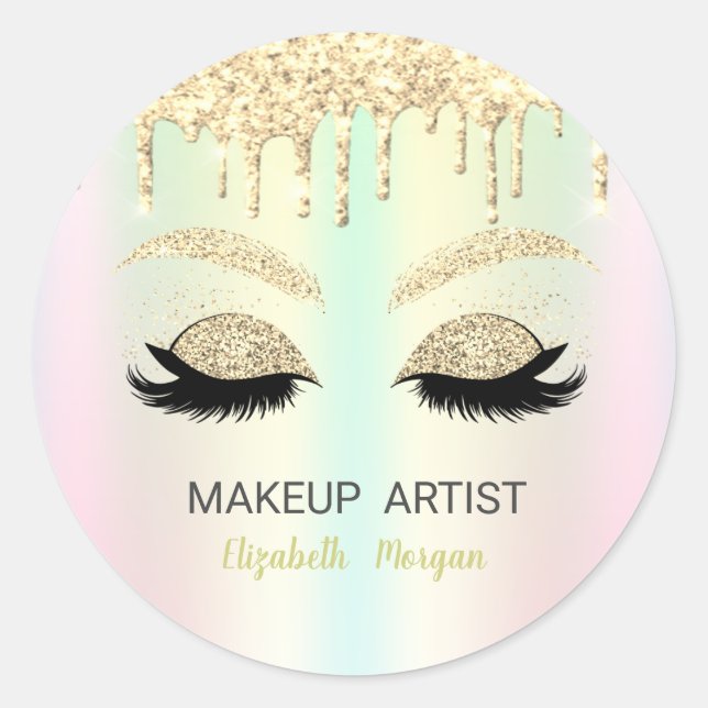 Glitter Faux Lashes,Gold Drips Holographic Classic Round Sticker (Front)