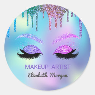 Glitter Faux Lashes,Rainbow Drips Holographic Classic Round Sticker