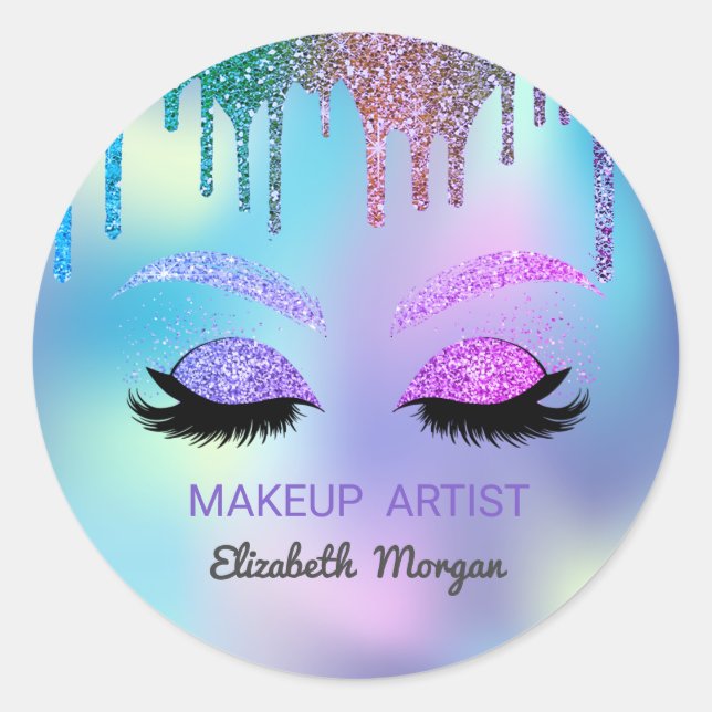Glitter Faux Lashes,Rainbow Drips Holographic Classic Round Sticker (Front)