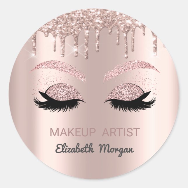 Glitter Faux Lashes,Rose Gold Drips,Makeup Classic Round Sticker (Front)