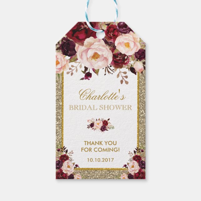 Glitter Favour Tag Burgundy Blush Flower Thank You (Front)