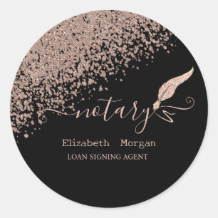 Glitter Feather Notary Rose Gold Diamonds Black Classic Round Sticker