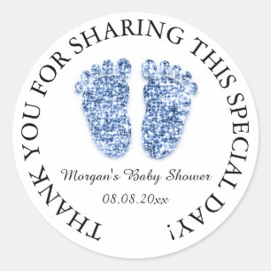 Glitter Feet Baby Shower Favor Thank Blue Boy Classic Round Sticker