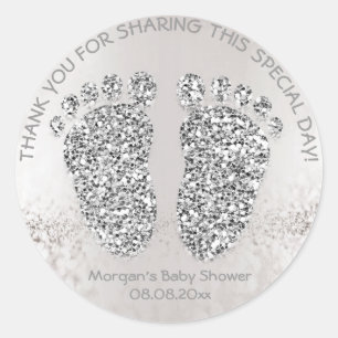 Glitter Feets Baby Shower Favour Thank You Grey Classic Round Sticker