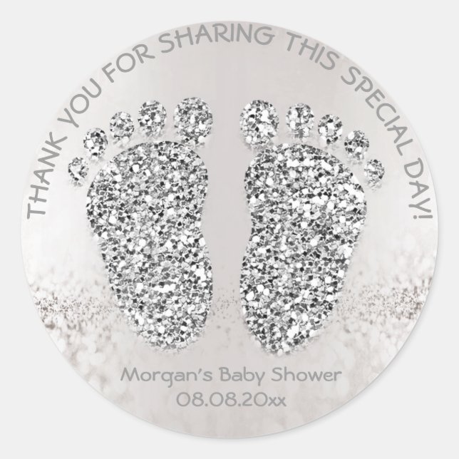 Glitter Feets Baby Shower Favour Thank You Grey Classic Round Sticker (Front)