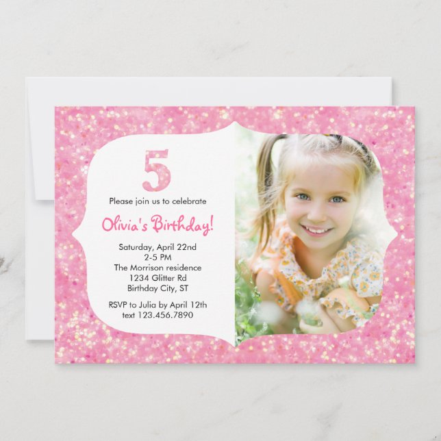 Glitter Fifth Birthday Invitation (Front)