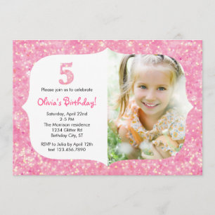 Glitter Fifth Birthday Invitation