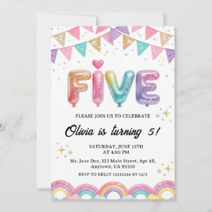 Glitter FIVE Girly Rainbow Sequin 5th Birthday Invitation