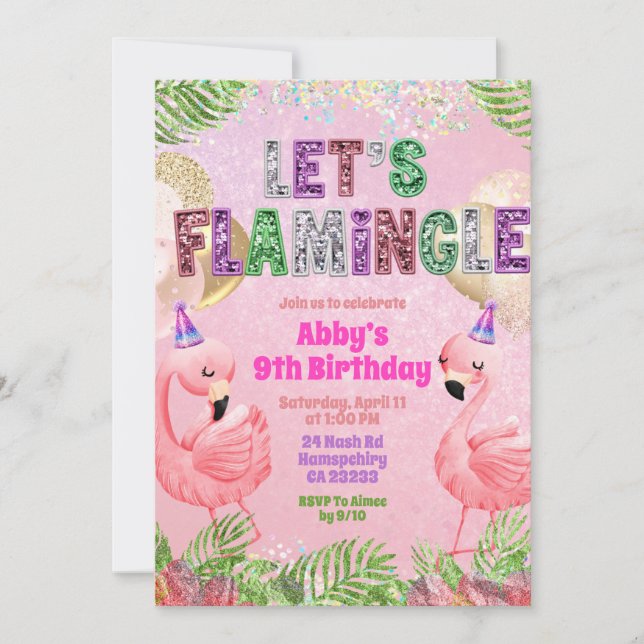 Glitter Flamingle Sequin Girl Birthday  Invitation (Front)