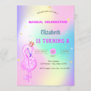 Glitter Flamingo,Crown Ombre Holographic Birthday Invitation