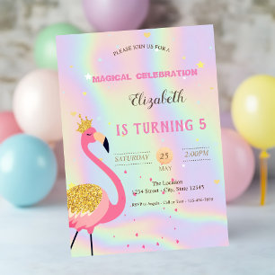 Glitter Flamingo, Holographic Birthday Invitation