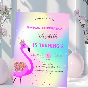 Glitter Flamingo, Ombre Holographic Birthday Invitation