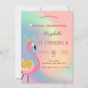 Glitter Flamingo,Pastel Colourful Holographic  Invitation