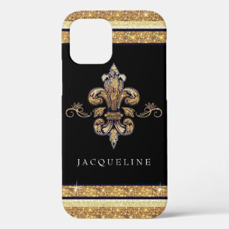 Glitter Fleur de Lis Gold Black French Your Name iPhone 12 Pro Case