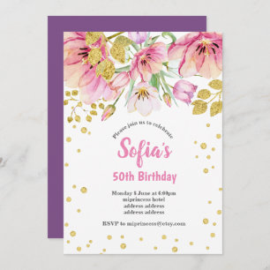 glitter floral birthday party invitation, gold invitation