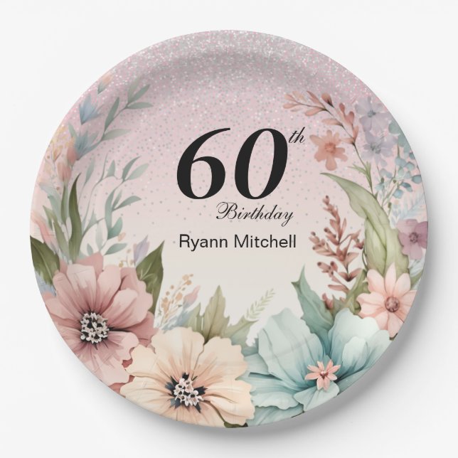 Glitter Floral Birthday Party Paper Plate (Front)
