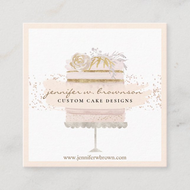 Glitter Floral Cake Bakery Pastry Square Business Card (Front)