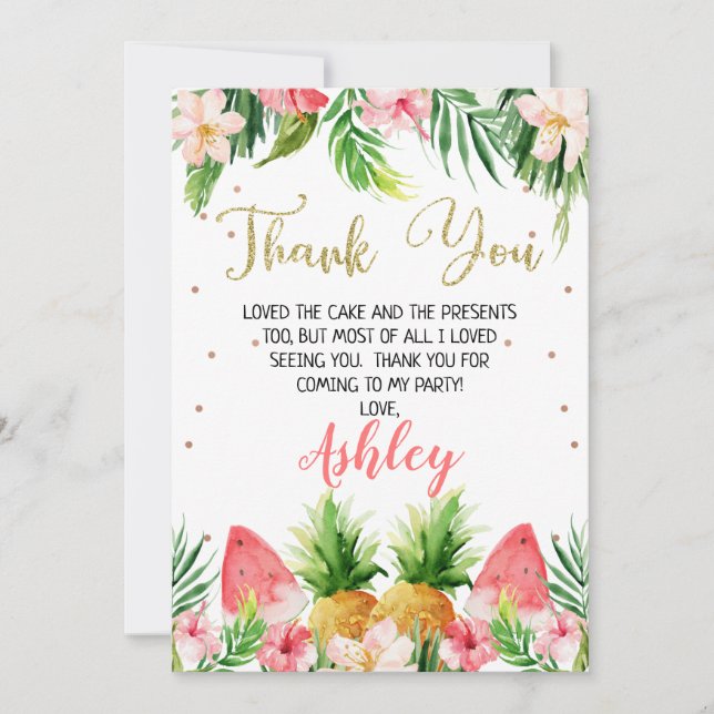 Glitter Floral Hawaiian Birthday Thank You Card (Front)