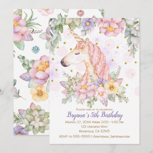Glitter Floral Unicorn Girls Modern Birthday Party Invitation