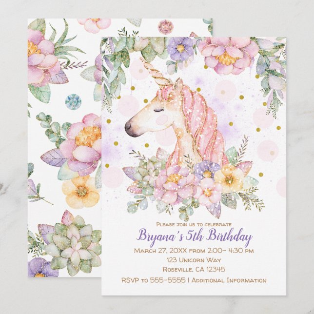 Glitter Floral Unicorn Girls Modern Birthday Party Invitation (Front/Back)